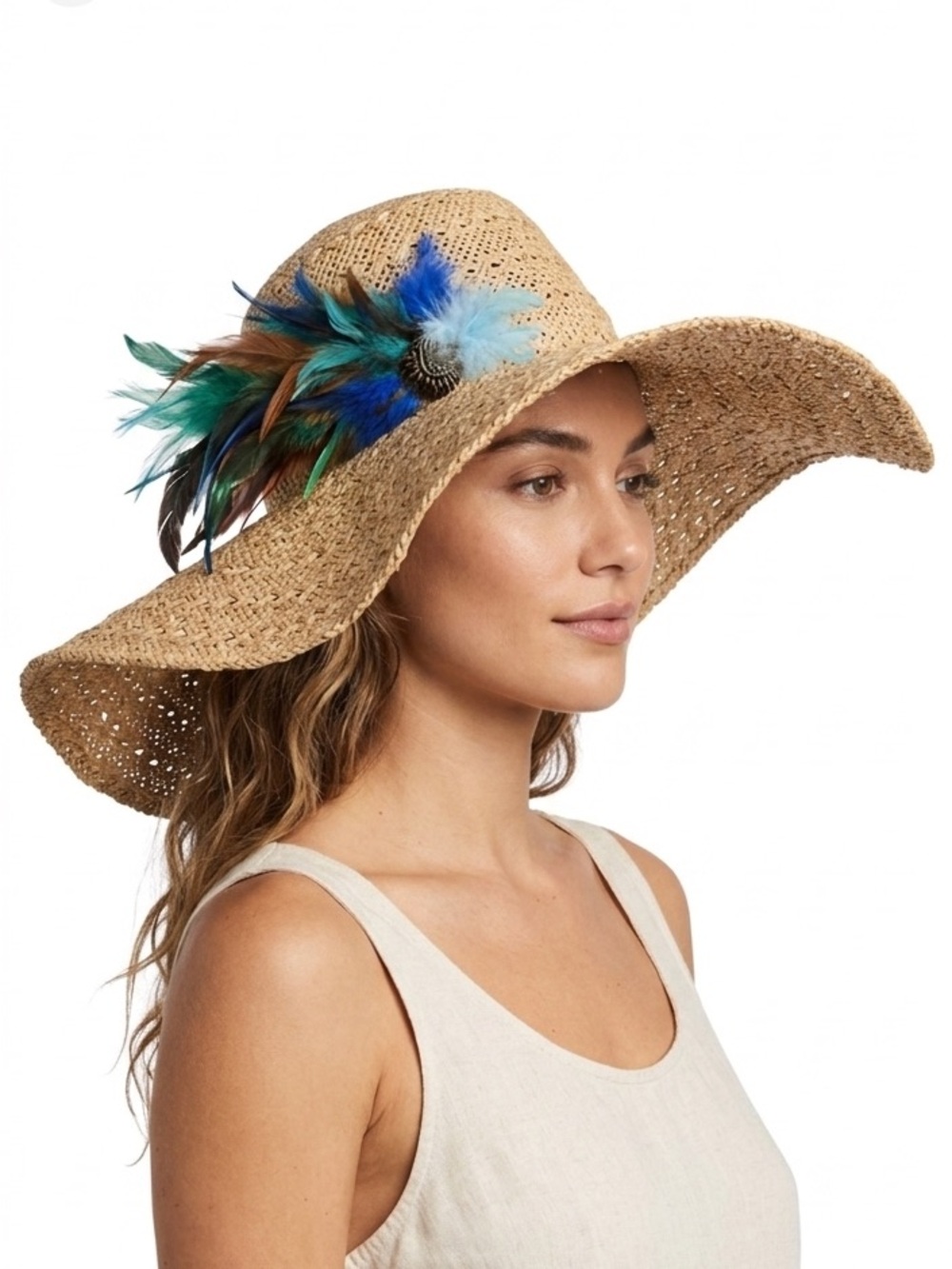Oversized Large Floppy Straw Sun Hat Brim Beach Feathers Holiday Garden